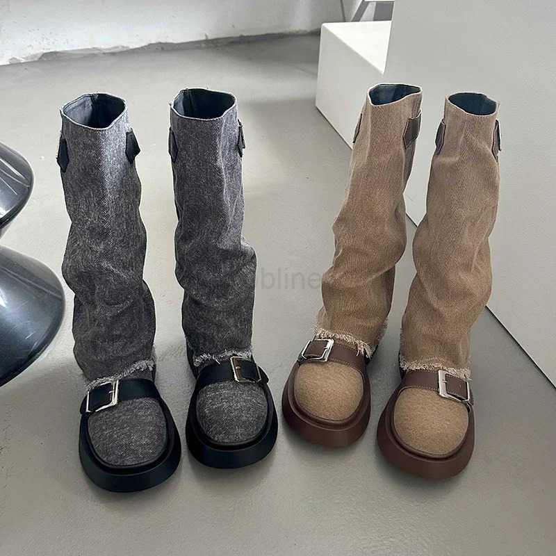 Mid-calf Square Heel Modern Boots Winter Denim Ladies Shoes 2024 High Quality Slip-on Mid Hee Round Toe Belt Buckle Boots Z250304