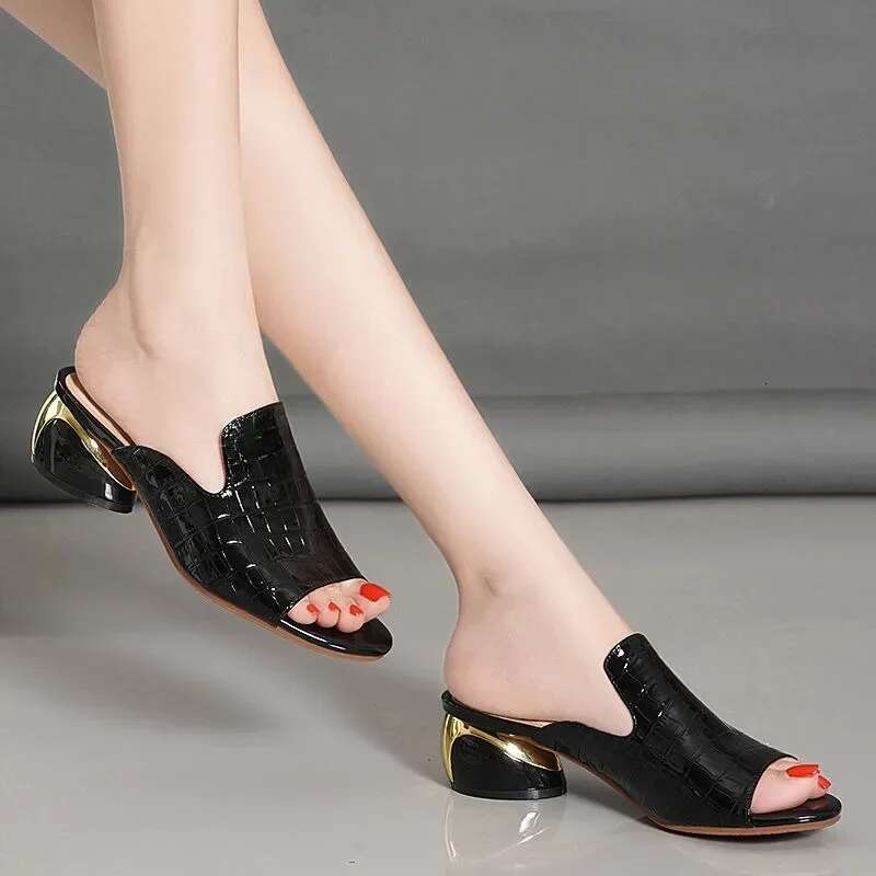 Women Soft Leather Red Sexy Female Flipp Slippers Summer Fashion Heels Slides Shoes for Girls Comfortable Sandals