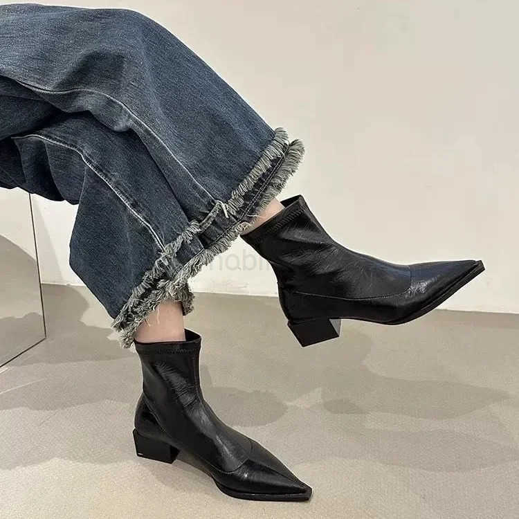 Pointed Toe Wen Ankle Boots Fion Thick Heel Slimming Short Booties Autumn Winter Soft Leather Fem Shoes Z250304