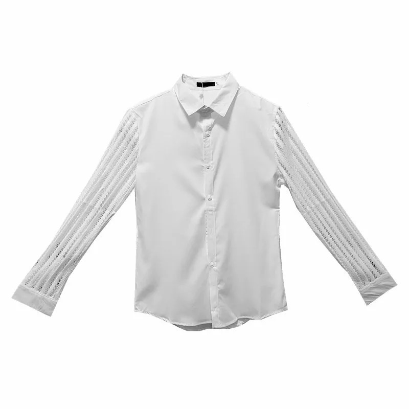 Men Lace Perspective Shirt Party Prom Hollow Lace Patchwork Long Sleeve Tuxedo Shirt Nightclub Casual Social Shirt 250304
