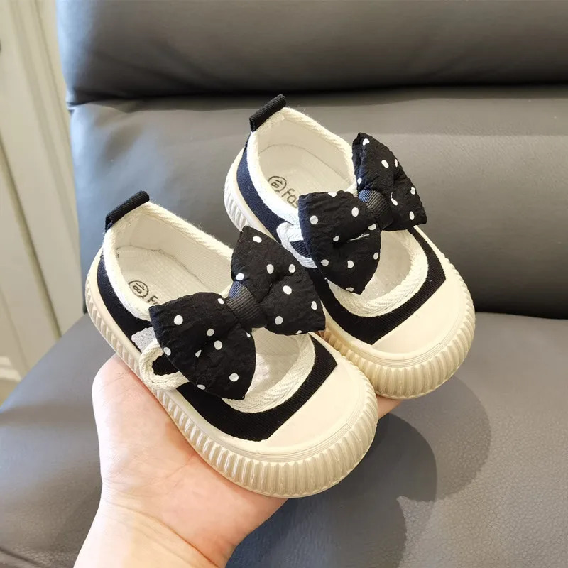 Girls Fashion Shoes Canvas Sneaker Kids Polka Dot Bow Princess Flats Breathable Baby Student Soft Sole Casual Spring 250303