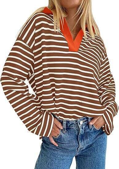 European American autumn and winter striped V-neck contrasting loose long sleeved sweatshirt jacket 2025 new casual versatile fashion clothing