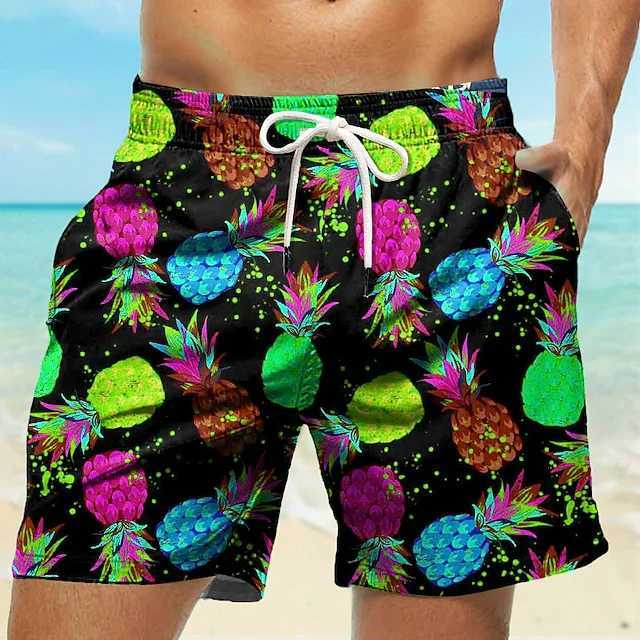 Mens Board Shorts Pineapple 3D Print Shorts Swim Trunks Drawstring Summer New Quick Dry Short Holiday Beach Hawaiian ShortsT250304