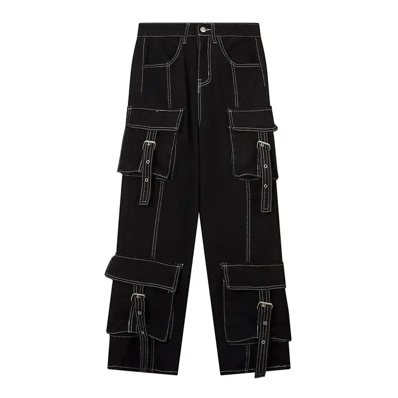 American Retro Dopamine Women Y2K Multi Pocket Overalls Decoration Trend Korean Fashion Leisure Straight Loose Wide Leg Pants 250227
