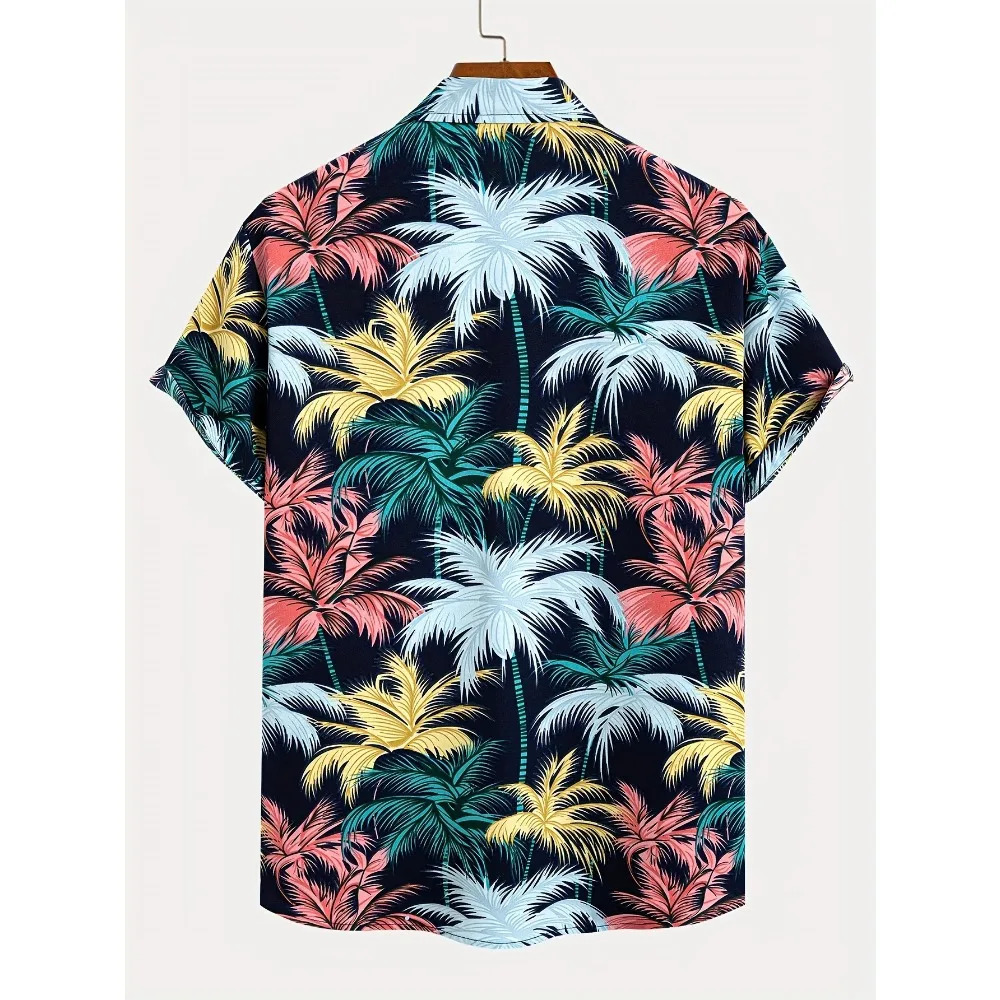 Tropical Coconut Tree Pattern Mens Short Sleeve Button Down Lapel Shirt for Summer Resort Holiday Hawaiian Style Oversized Tops 250227