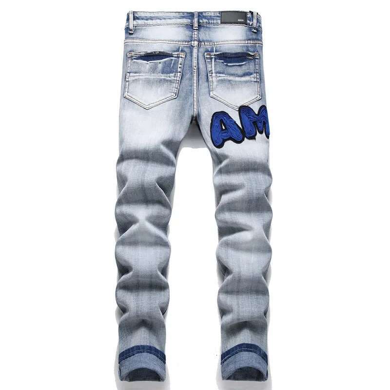 AM Light Blue Jeans Ripped Trend Elastic Slim Fit Small Feet Fashion Versatile Men's Pants