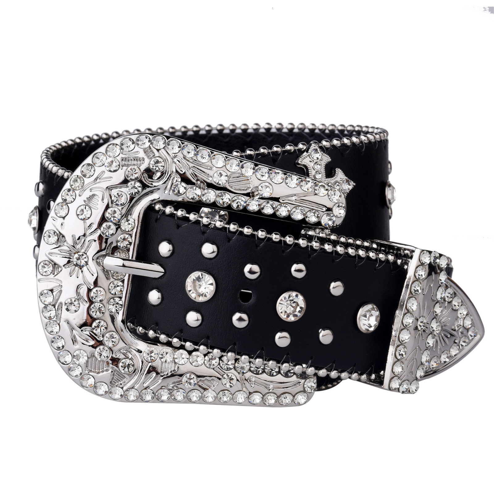 Black Cross Rivet Belt Engraved Buckle Rhinestone Decor PU Belt Hip Hop Jeans Pants Belt Punk Western Cowboy Cowgirl Belts 250227