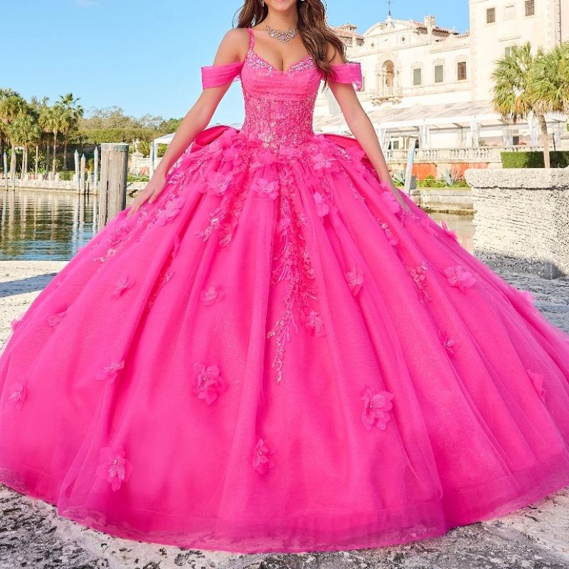 Rose Red Shiny Quinceanera Dresses Ball Gown Off The Shoulder Applique Lace Flower Beading Bow Tull Party Birthday Sweet 16 Vestidos De 15 Anos
