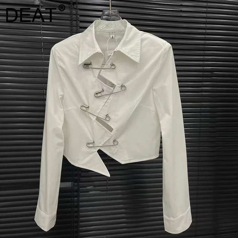 2025 Spring New Items Fashionable Personalized Pin Design Solid Color Shirts For Women Lapel Long Sleeve Blouse 11A01502