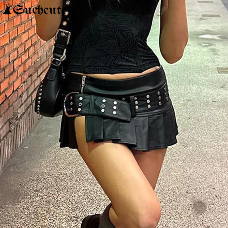 SUCHCUTE Rivet Belt Gothic Punk Leather Mini Skirt Women Low Rise Zipper Streetwear Emo Summer Slit Pleated Skirt Dark Academia 250304