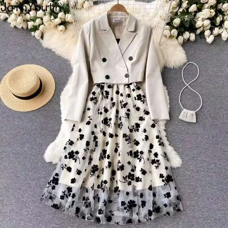 Temperament Women's Clothing 2 Piece Sets Double Breasted Crop Jacket Gauze Ral Tunic Dresses Outfits Fashion Korean Suit