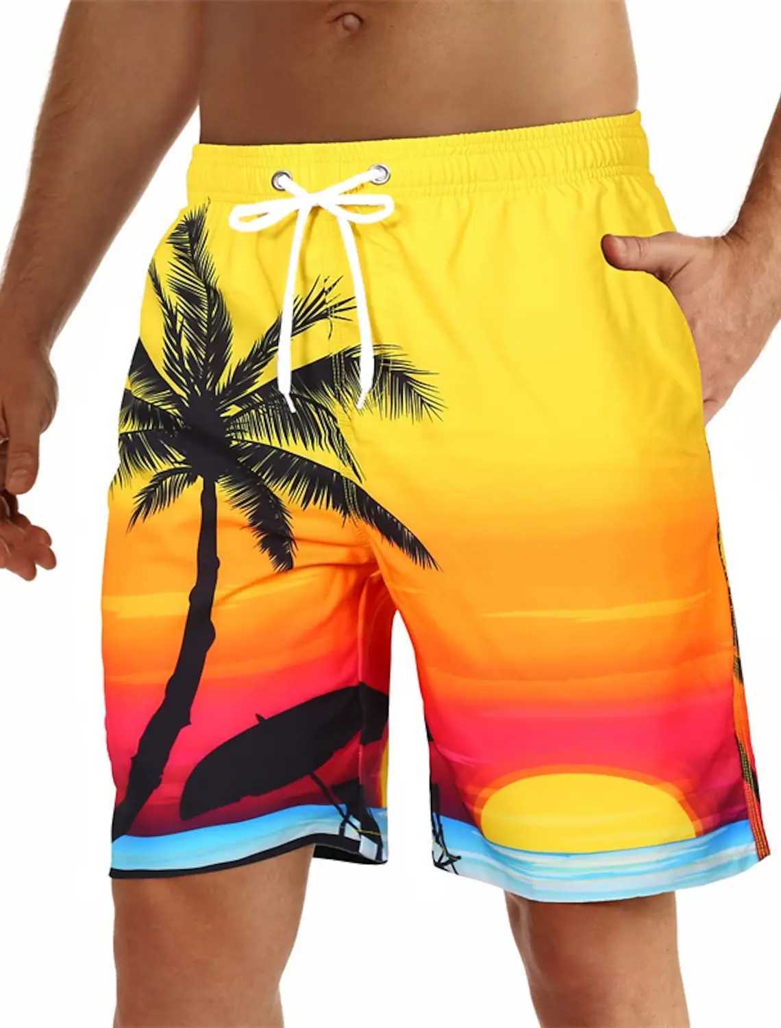 Hawaiian Coconut Tree Beach Shorts 3D Printing Summer Mens Casual Swimming Short High Elastic Quick Drying Pants Sport PantT250304