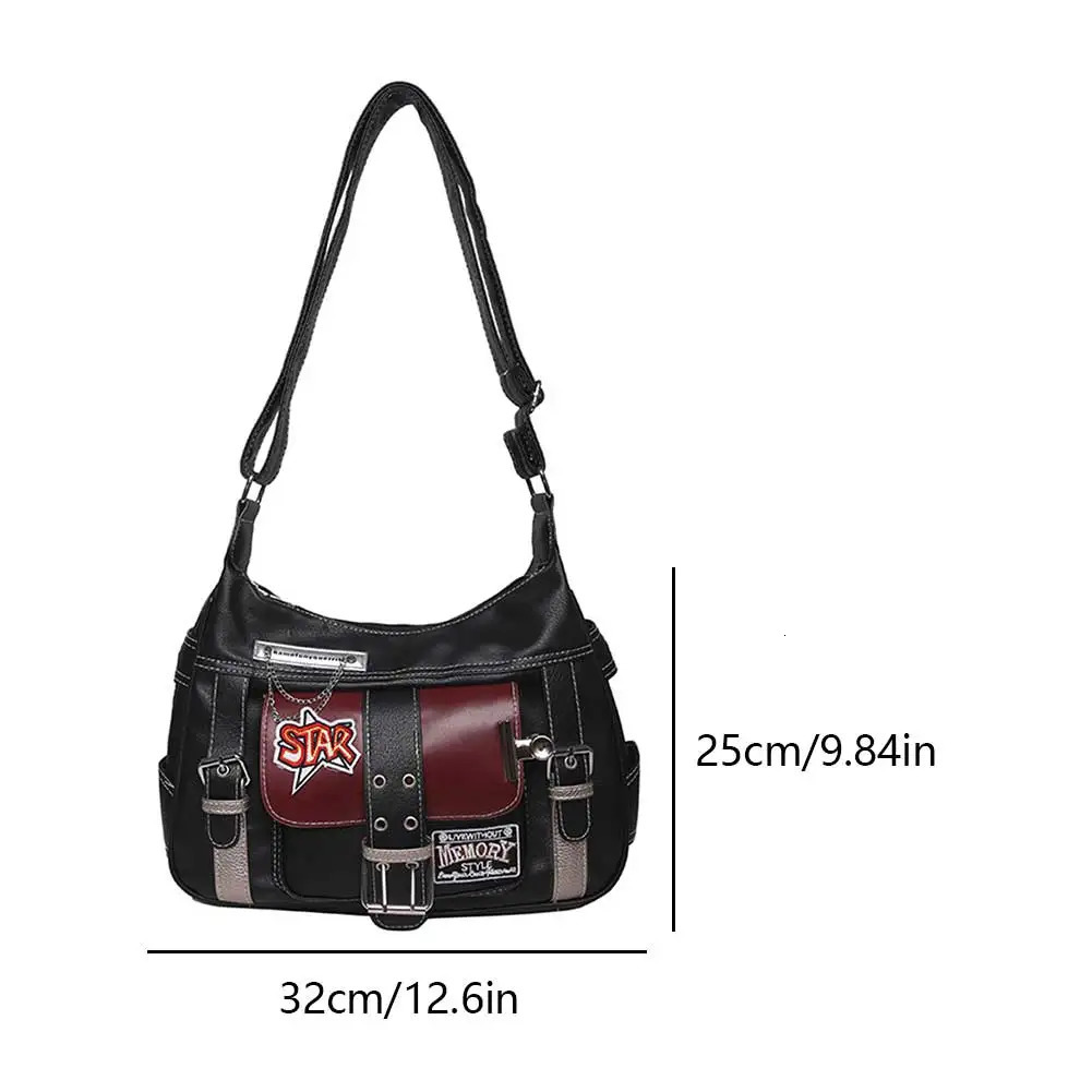 Ship from US Womens PU Leather Punk Shoulder Bag Y2K Horizontal Zipper Handbag with Adjustable Stray 250304FBB