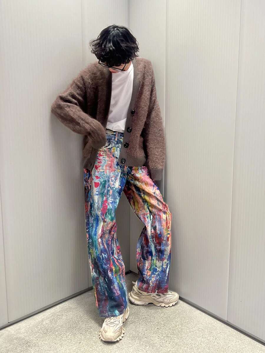 REDDACHIC Colorful Graffiti Baggy Jeans Men Wash Do Old High Waist Loose Straight Wide Leg Denim Pants Casual Vintage Streetwear