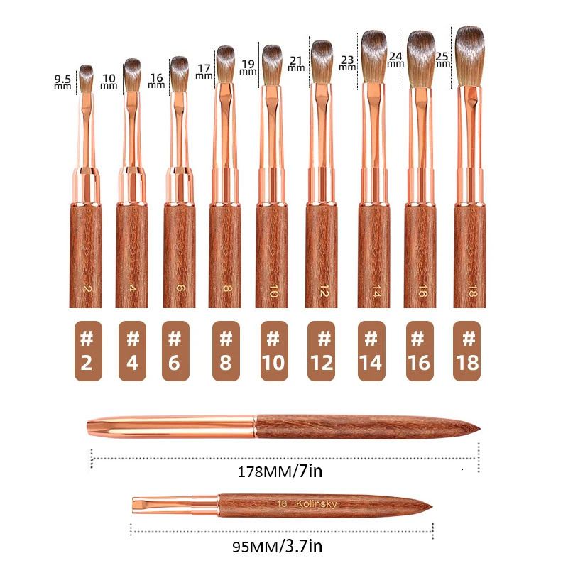 100% Kolinsky Acrylic Nail Brush with Rose Gold Sandalwood Crimped Handle for Acrylic Powder 3D Nail Salon Size 2-18 250304