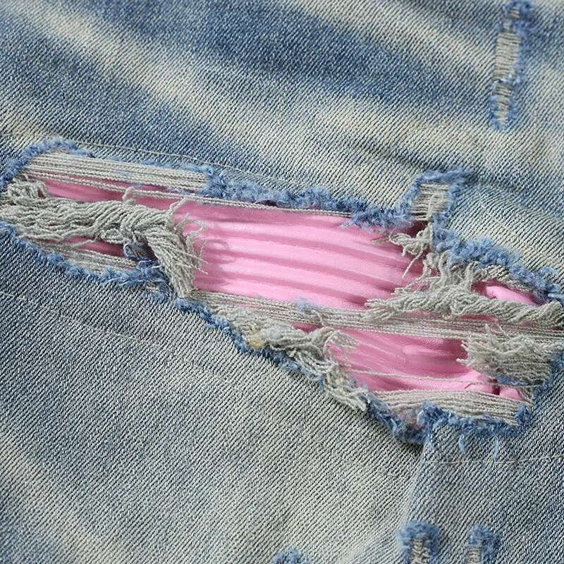 Street Fashion Retro Washed Blue Stretch Skinny Fit Ripped Jeans Men Pink Leather Patched Brand Designer Hip Hop Pants