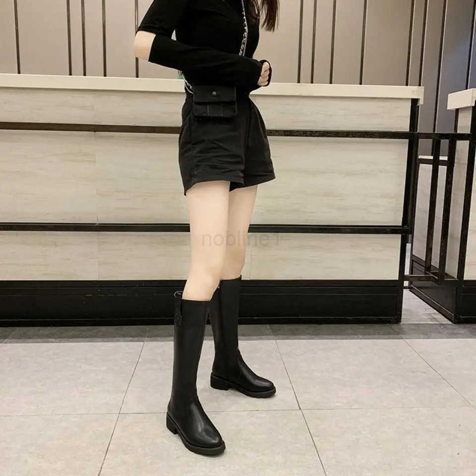Knee High Shaft Shoes Wan Leather Round Toe Long Boots for Wen Black Designer Luxury Footwear Winter 2024 Novelty New Rock Z250304