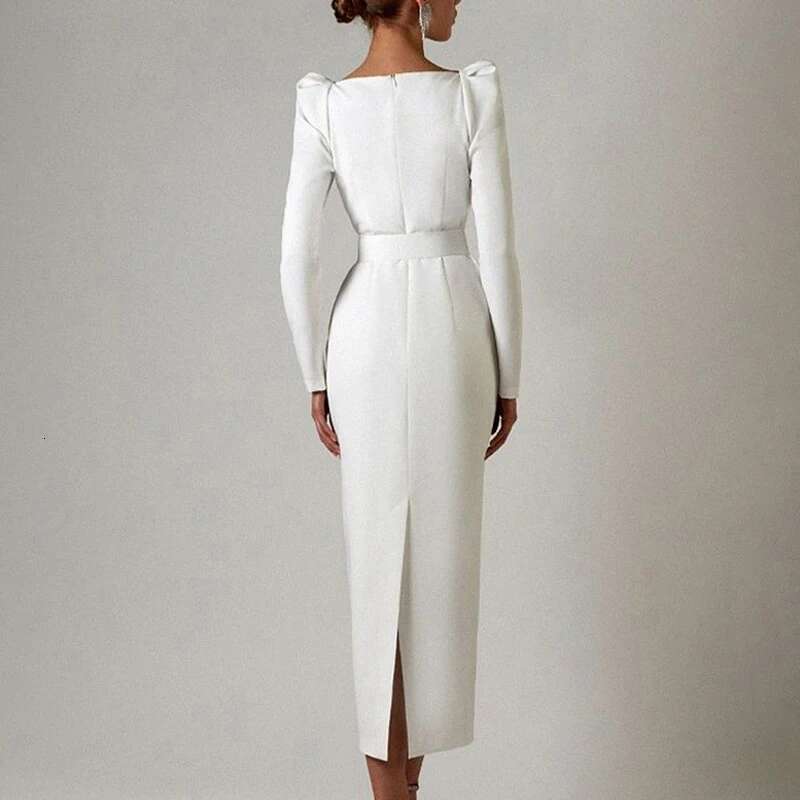 Elegant Square Collar Commuting With Belt Chic Banquet Party Women Long Sleeve Solid Formal Ocn Midi Dress
