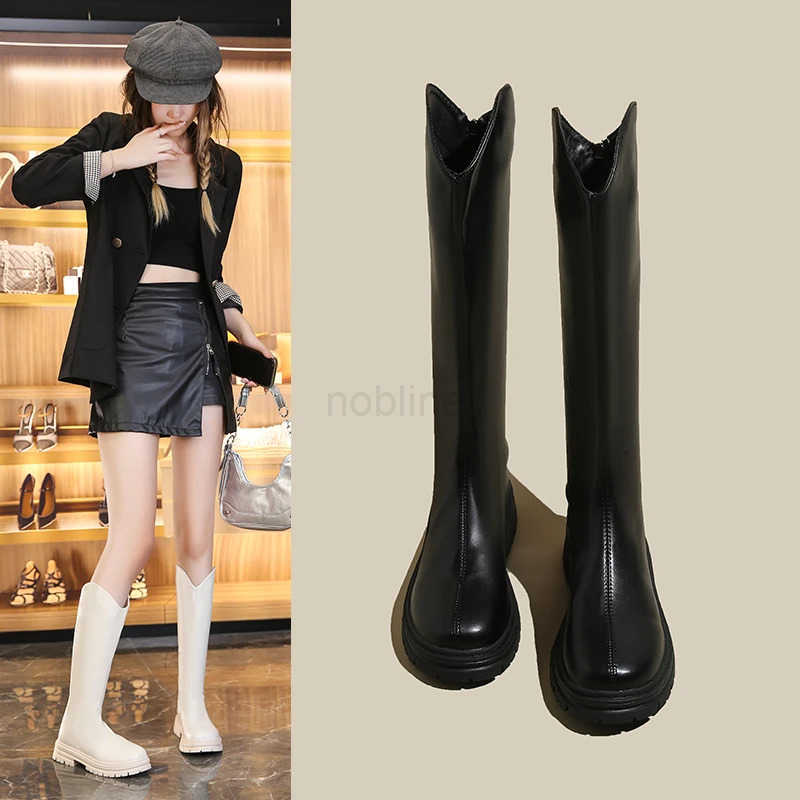 V-shaped Wens Thick-soled Boots Autumn and Winter Knee-high Boots Elegant Back Zipper Outdoor Fion Botas Mujer Z250304