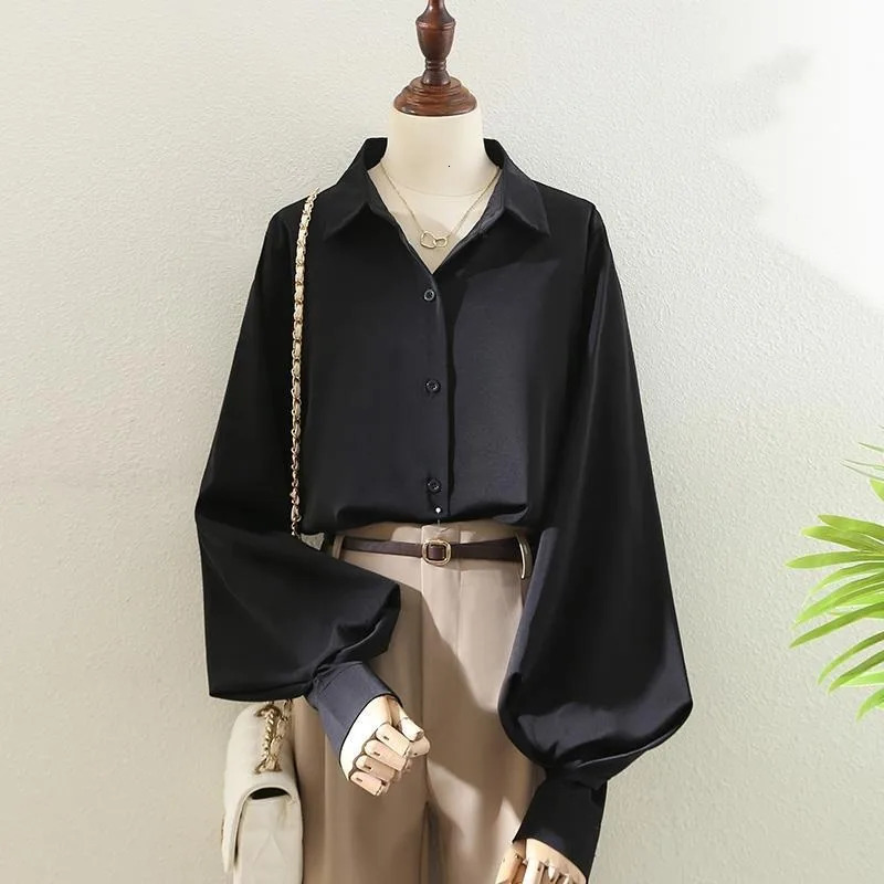 Blouses Tops Women White Black Long Lantern Sleeve Office Lady Temperament Autumn Winter Basic All-match Chic Female 250228