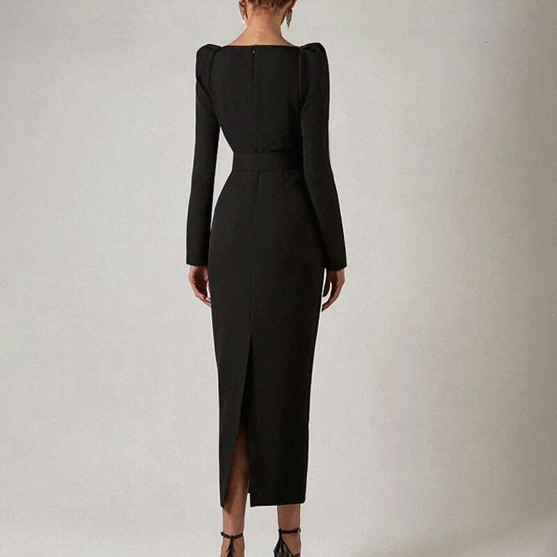 Elegant Square Collar Commuting With Belt Chic Banquet Party Women Long Sleeve Solid Formal Ocn Midi Dress