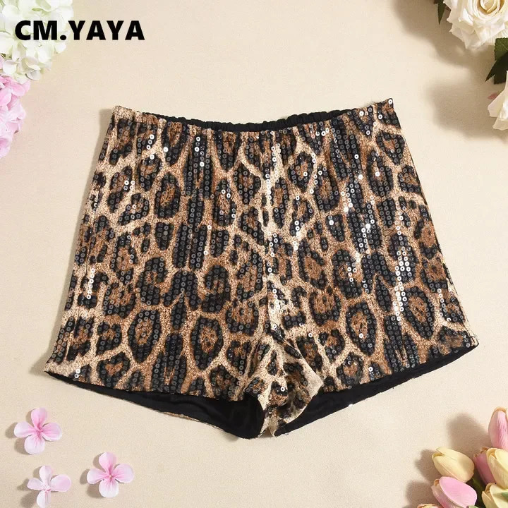 CM.YAYA Women Sequined Leopard Print Sexy High Waist Leggings Shorts Streetwear Elastic Club Party Night Beach Shorts 250303