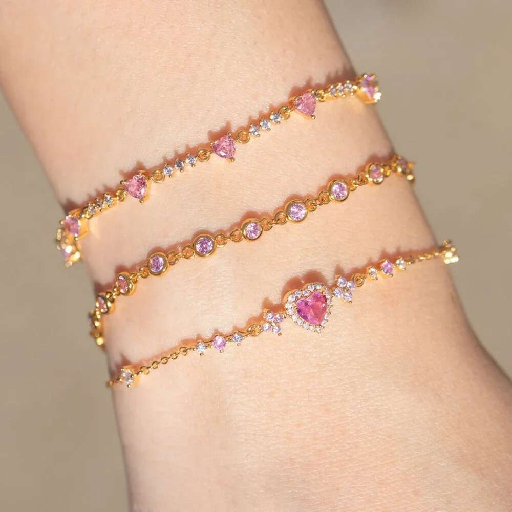 Y2K Exquisite Sweet Pink Zircon Bowknot Love Heart Chain Bracelet For Women Girls Party Birthday Jewelry Gift