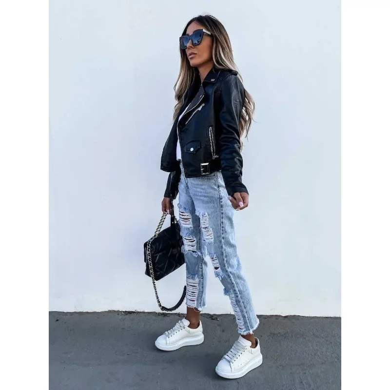 Motorcycle PU jacket womens long sleeved zipper fashionable leather motorcycle short 250226