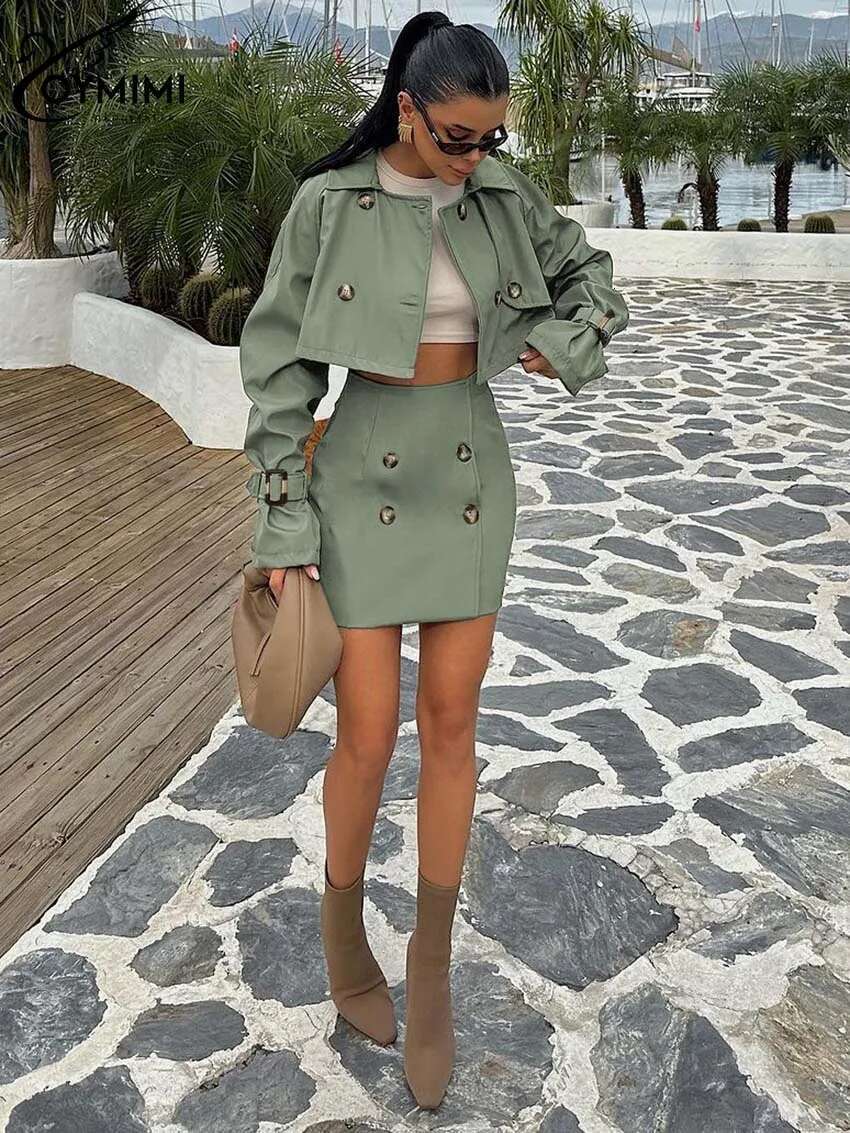 Elegant Green 2 Peice Woman Fashion Lapel Long Sleeve Double Breasted Crop Tops And High Waist Button Slim Skirts Set