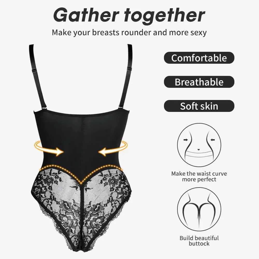Colombian Fashion Thong Underwear Body Shapers Women Shapewear Bodysuit Sexy Lace Open Crotch Lingerie V-collar Wireless BraXJ250304