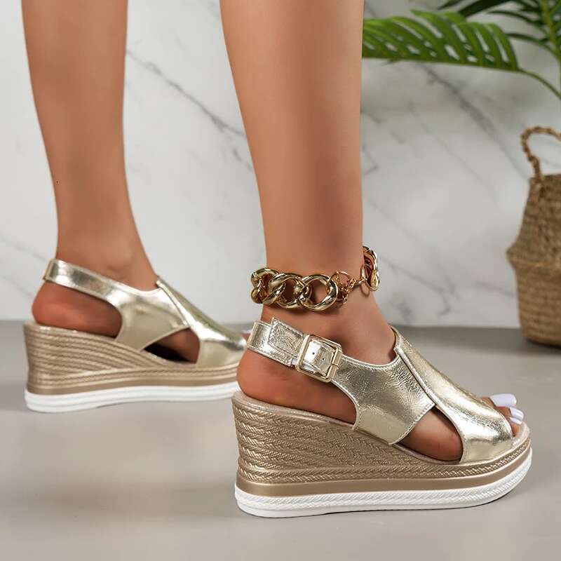 Summer Peep 2025 Toe Platform Sandles Woman Plus Size Thick Sole Sandalias Mujer Gold Sier PU Leather Wedge Sandals for Women