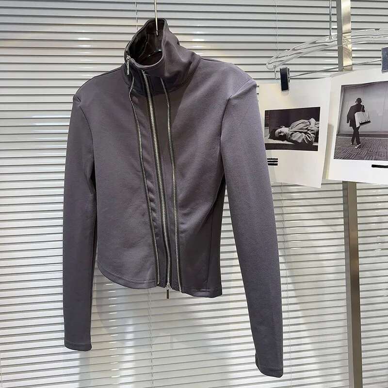 DEAT Fashion Women's Diagonal Metal Zipper Design Long Sleeve T-Shirt Turtleneck Solid Color Tops Female 2024 Autumn New 11A0798