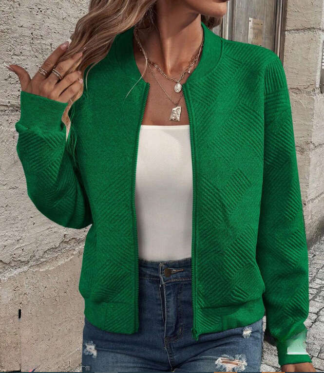 Spring European and American style semi high neck zipper knitted cardigan long sleeved temperament jacket women's 2025 new casual fashion trend c