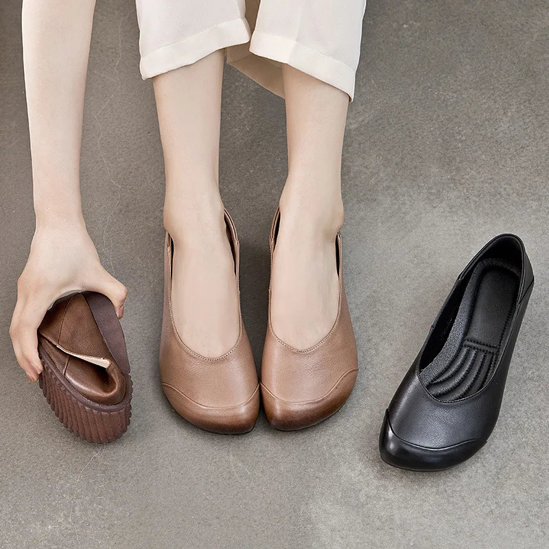 WOIZGIC Womens Mother style Genuine Leather Shoes Flat Retro Ballet Dancer National Mocha Casino Round Toe Anti slip 250303