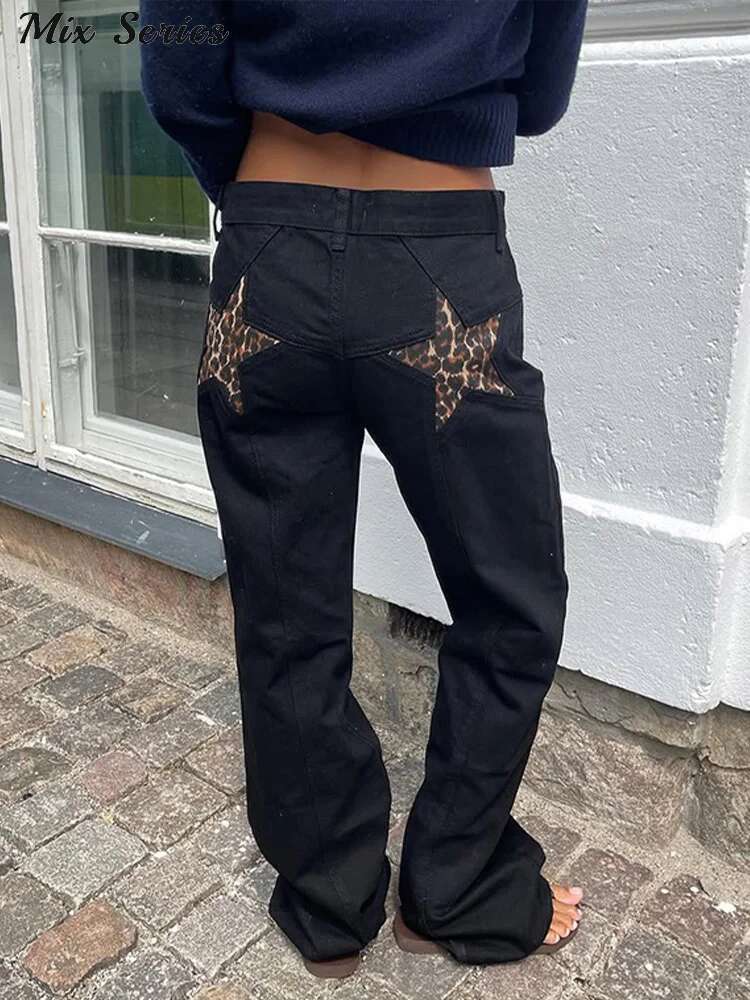Star Print Straight Leg Jeans Women Casual Pocket Zipper Low Waist Long Denim Pants 2025 Spring New Lady Loose Bottom Streetwear