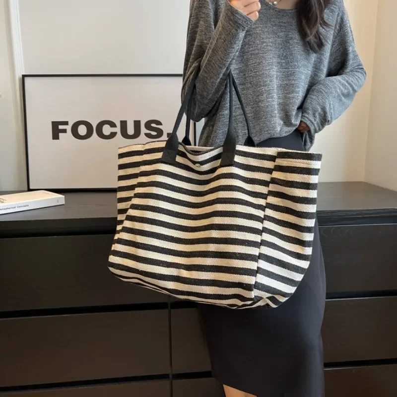 Commuter bag womens fashionable large capacity handbag student striped 2024 new niche zebra canvas single shoulder mom Y250304