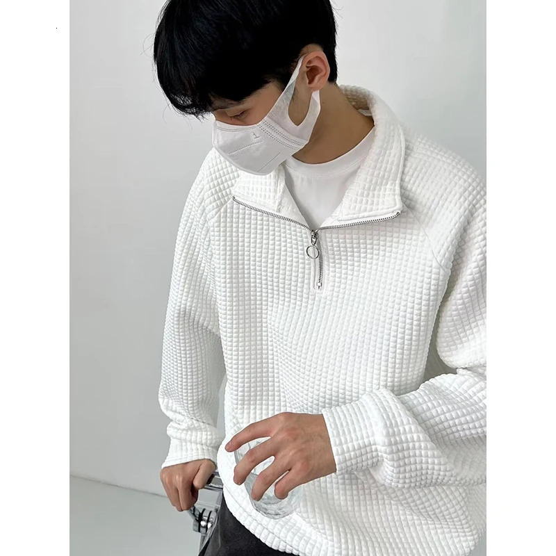 Waffle Plaid Long Sleeve Men Polo Half Zip Sweatshirts Fall Korean Fashion Harajuku Casual Loose Oversized Clothing Black White 250304
