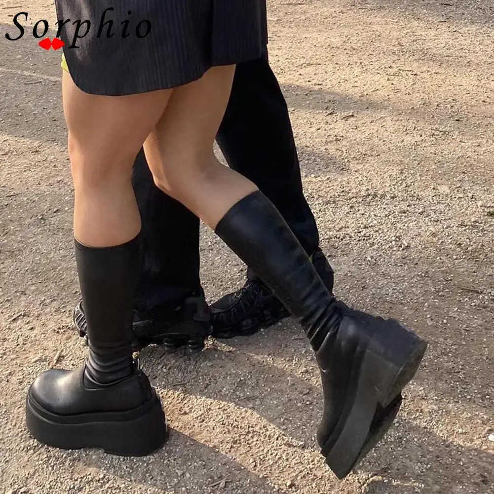 Platform Boots For Wen Knee High Med Calf Chunky Heel Fion Girls Shoes 2022 Autumn Summer Boots Slip On Brand New Goth Z250304