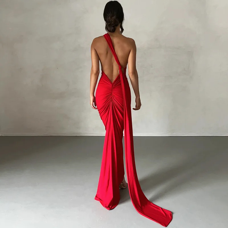 One Shoulder Backless Adjustable Scarf Loop Ruched Sexy Maxi Dress Women Elegant Y2K Streetwear Festival Outfit 250303 C260312