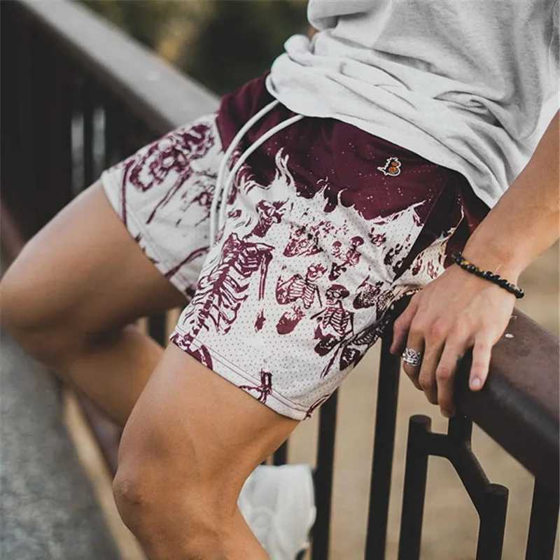 Summer New men short pant Skull Pattern Casual Shorts Street Hip Hop Fitness Polyester Fast Dry Breathable Embroidery Men ShortsT250304