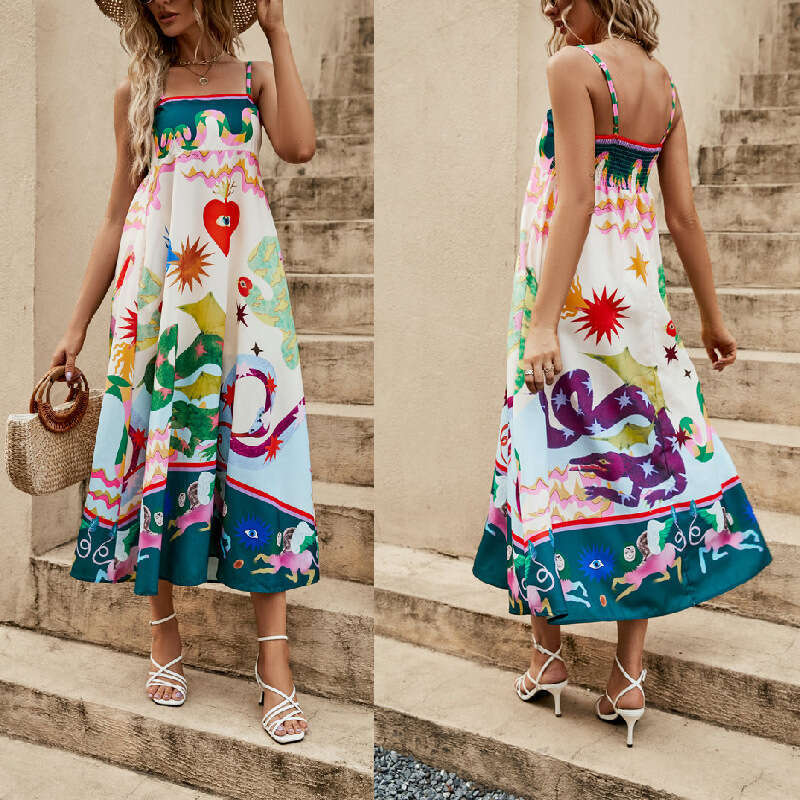 long skirt women's suspender printed cotton en sleeveless large swing dress 2025 new casual versatile fashion clothing