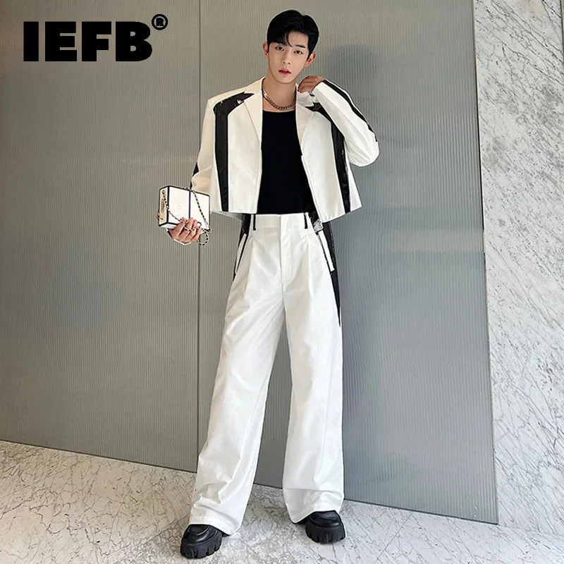 IEFB Korean Style Sets Niche Male Blazers Pu Leather Spliced Suit Coat Wide Leg Suit Pants Two Piece Menwear 9C1614 250303