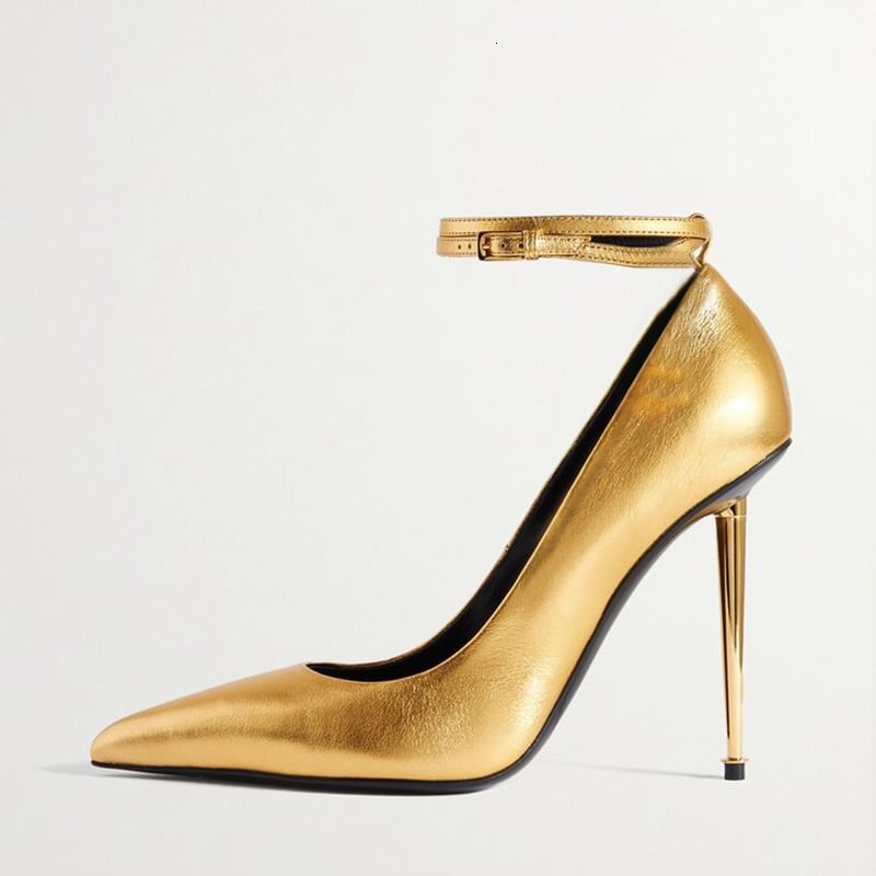 Ins Fashion Show Golden Plated Shaped Heel With One Button Strap Women's Single Shoes Pumps