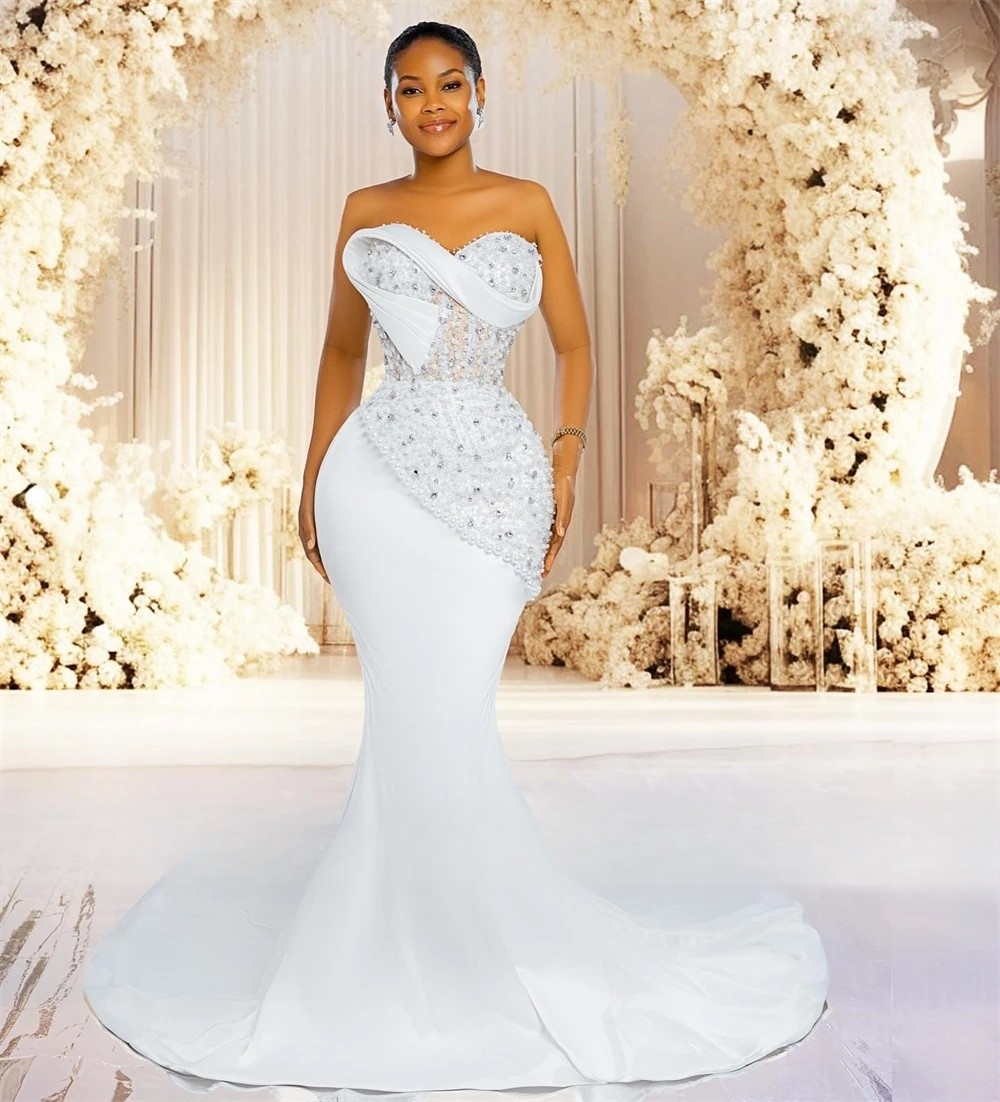 Luxurious Mermaid Wedding Dresses Crystals And Pearls Beaded Sweetheart Neckline Sleeveless Long Satin Bridal Gown Elegant African Reception Dress Ves