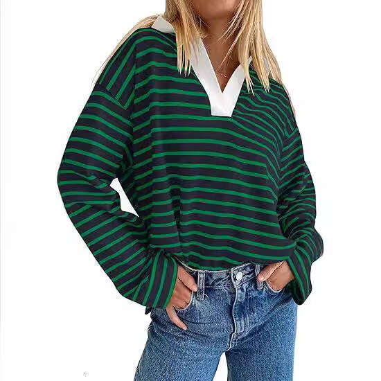 European American autumn and winter striped V-neck contrasting loose long sleeved sweatshirt jacket 2025 new casual versatile fashion clothing
