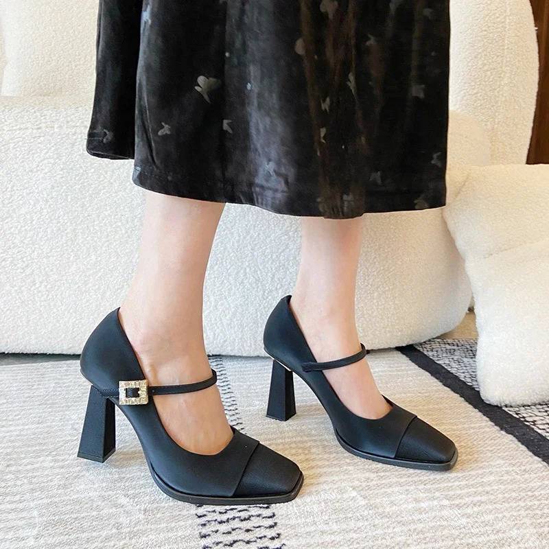 Womens Shoes 2025 Shallow Womens High Heels Fashion Buckle Strap Dress Pumps Women Square Toe Solid Heels Women 250228