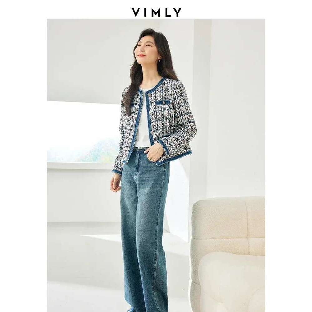 Vimly Plaid Tweed Cropped Jacket For Women 2024 Spring Patch Denim Design Elegant Fashion Lady Short Coat Female Outerwear M3288