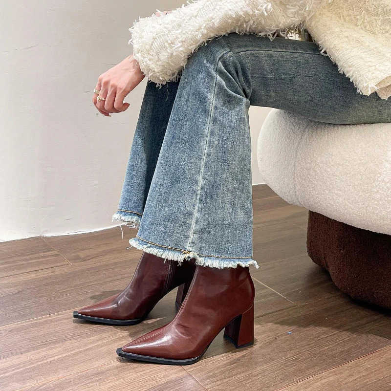 Pointed Toe Wen Ankle Boots Fion Elegant Soft Leather Shoes Thick Heel Wens Modern Short Booties Z250304