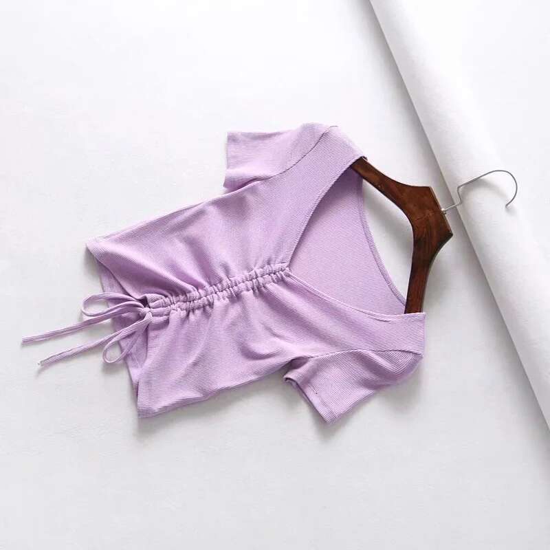 V Neck Sexy Cropped Tank Tops Women Drawstring Tie Up Front Camis Candy Colors Streetwear Slim Fit Ribbed Crop Top
