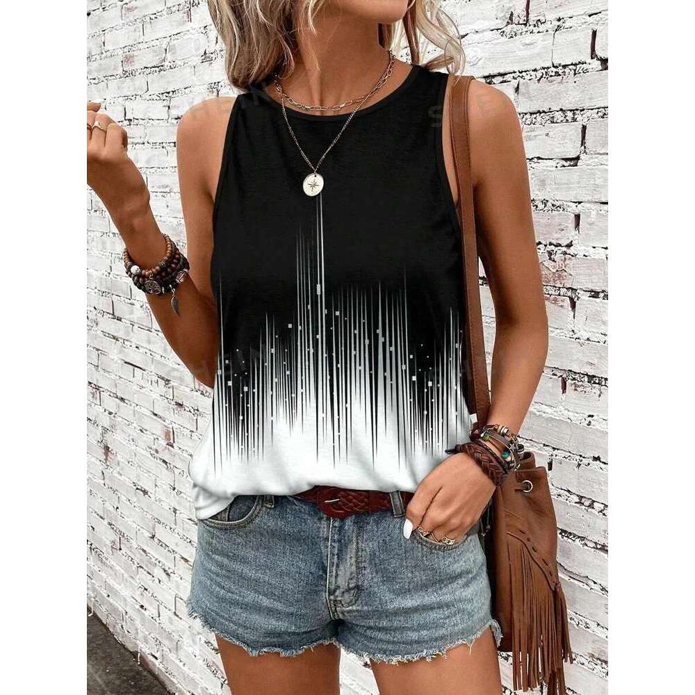 And Vintage Black White Striped Print Street Fashion Women's O-neck Tank Summer Outdoor Beach Casual Top